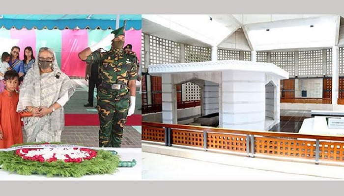 টুঙ্গিপাড়ায় বঙ্গবন্ধুর সমাধিতে শ্রদ্ধা প্রধানমন্ত্রীর