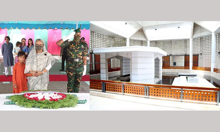 টুঙ্গিপাড়ায় বঙ্গবন্ধুর সমাধিতে শ্রদ্ধা প্রধানমন্ত্রীর