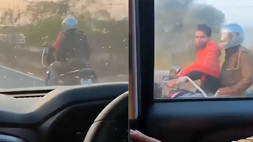 হাতকড়া পরেই বাইক চালাচ্ছেন আসামি, পেছনে বসা পুলিশ